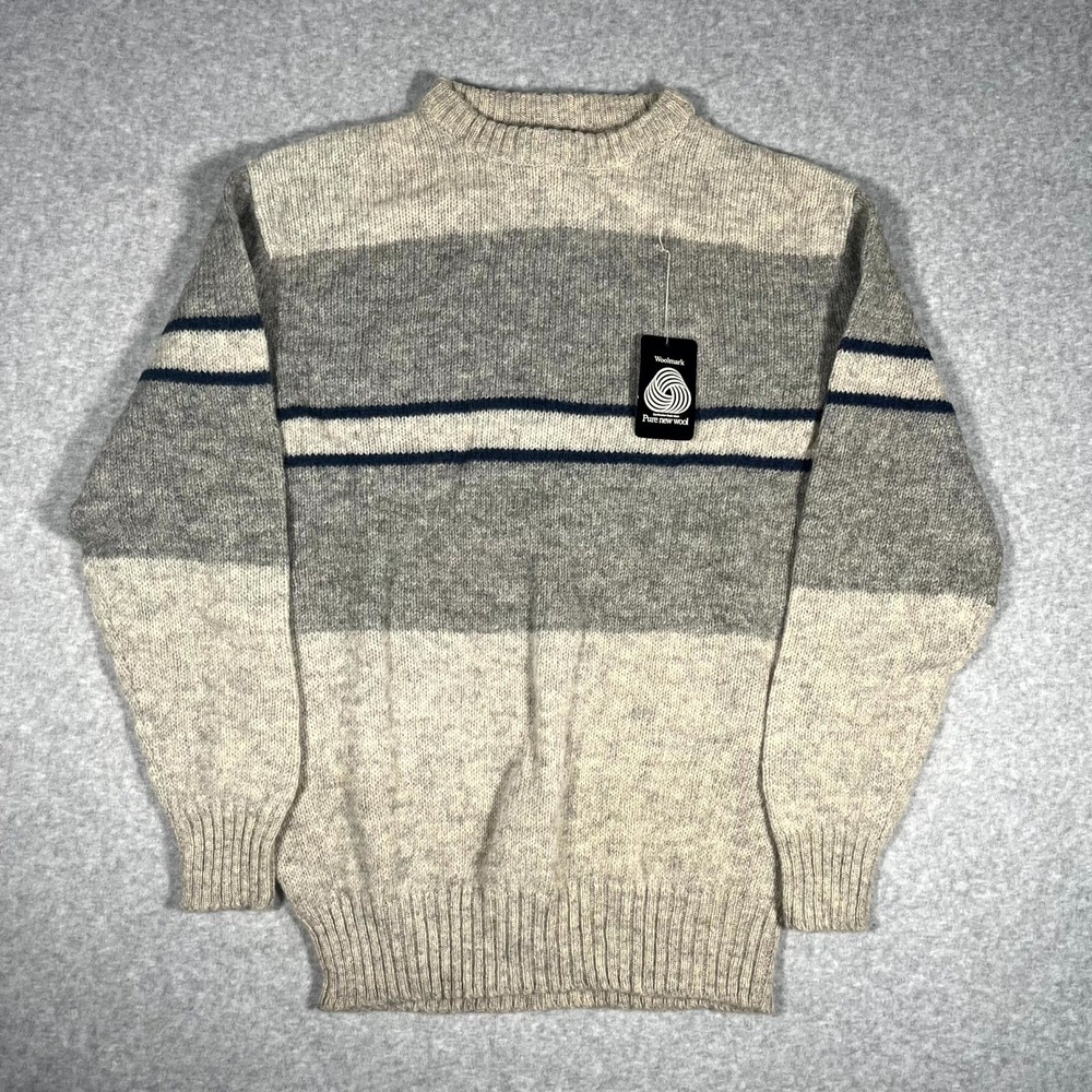 The Woolmark Company Sweater Mens 56 Beige Gray Pure Wool Tight Knit Ribbed